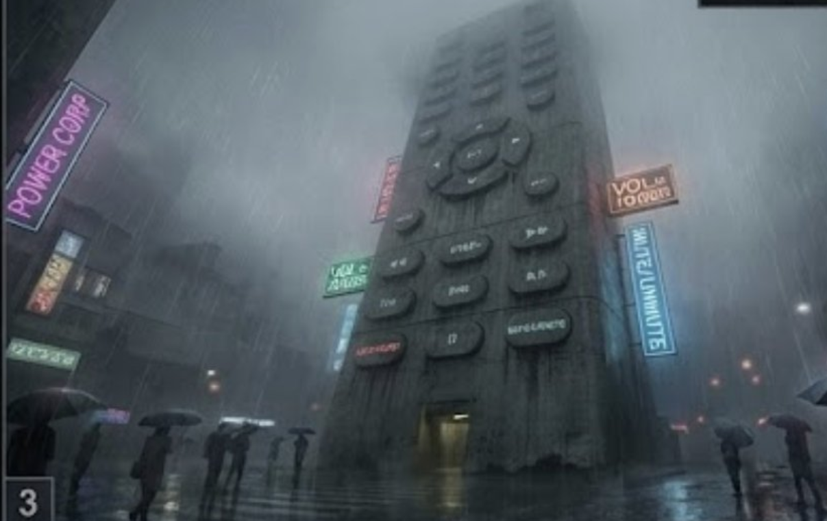 A tower the size of a city, shaped like a television remote